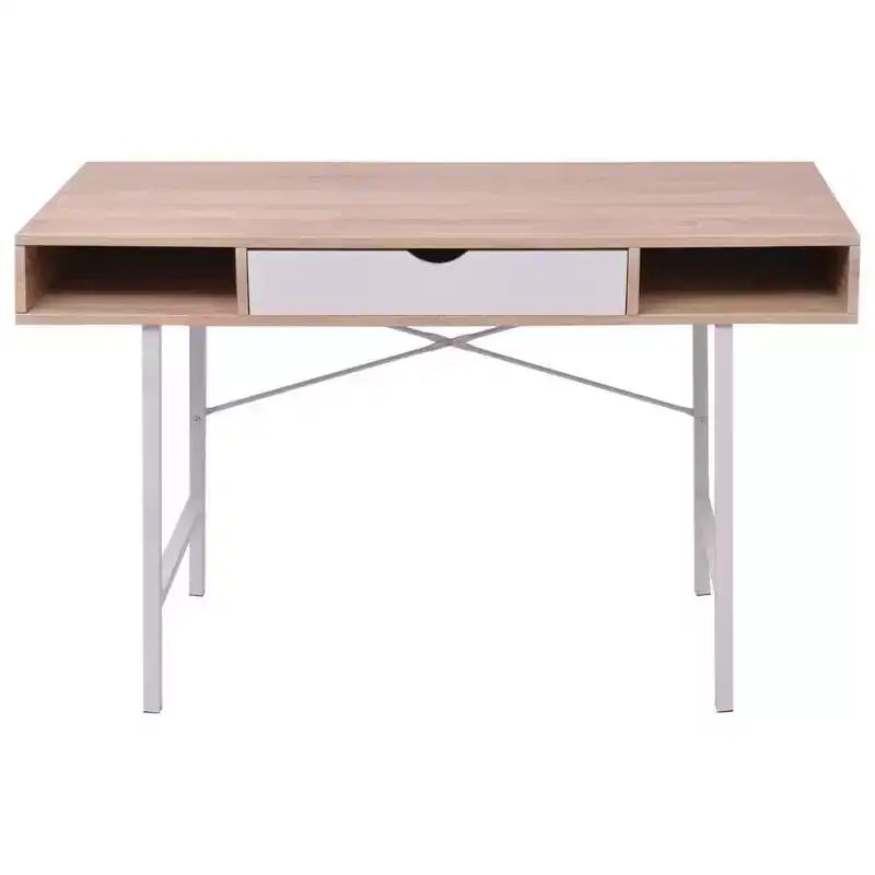Modern Desk with 1 Drawer, Oak & White Finish, Metal Legs, 47x19x30 in