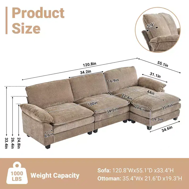 120 in. W Pillow Top Arm Chenille Sofa with Ottoman