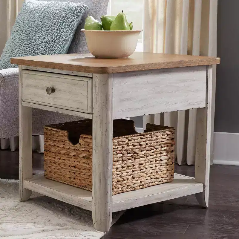 Farmhouse End Table with Basket in Antique White with Chestnut Top