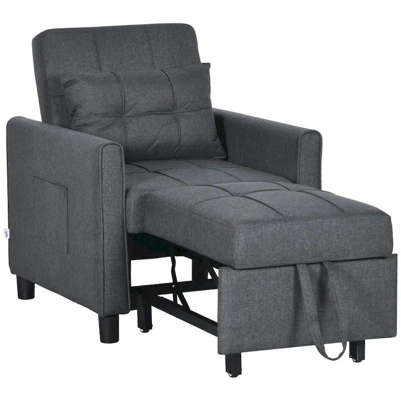 HOMCOM 3-in-1 Convertible Chair Bed, Multi-Functional Single Sofa Bed, Pull Out Sleeper Chair with Adjustable Backrest, Pillow
