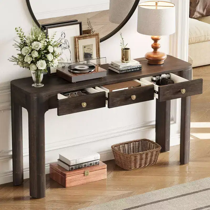 Okak Vintage Wood Veneer Console Table with 3 Storage Drawers & Curved Corners,Elegant Entryway Table for Foyer,Hallway,Living Room