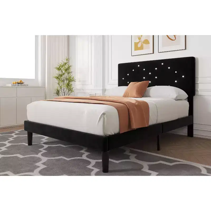 Bed Frame, Solid Wood Slatted Platform Bed with Crystal Button Headboard and Underbed Storage, Quiet and Easy to Assemble
