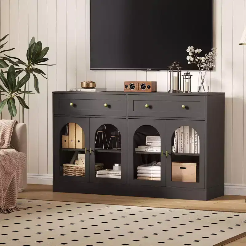 55Farmhouse Sideboard Buffet Cabinet with Storage,Large Kitchen Buffet Cabinet with 4 Acrylic Doors and 2 Drawers,Modern Coffee Bar Table for Dining