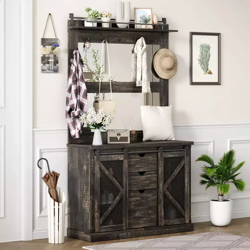 Hall Tree-5-in-1 Multifunctional Unit with Shoe Storage,Adjustable Side Stand, Coat Rack & Dressing Table.Corner Design - Perfect Entryway Furniture