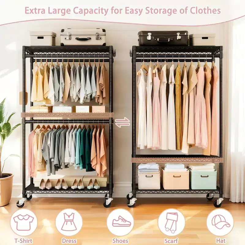 Heavy Duty Rolling Clothes Rack with Wheels - 3-Tier Adjustable Shelving, 2 Rails & Side Hooks, Portable Freestanding Closet Organizer (Black)