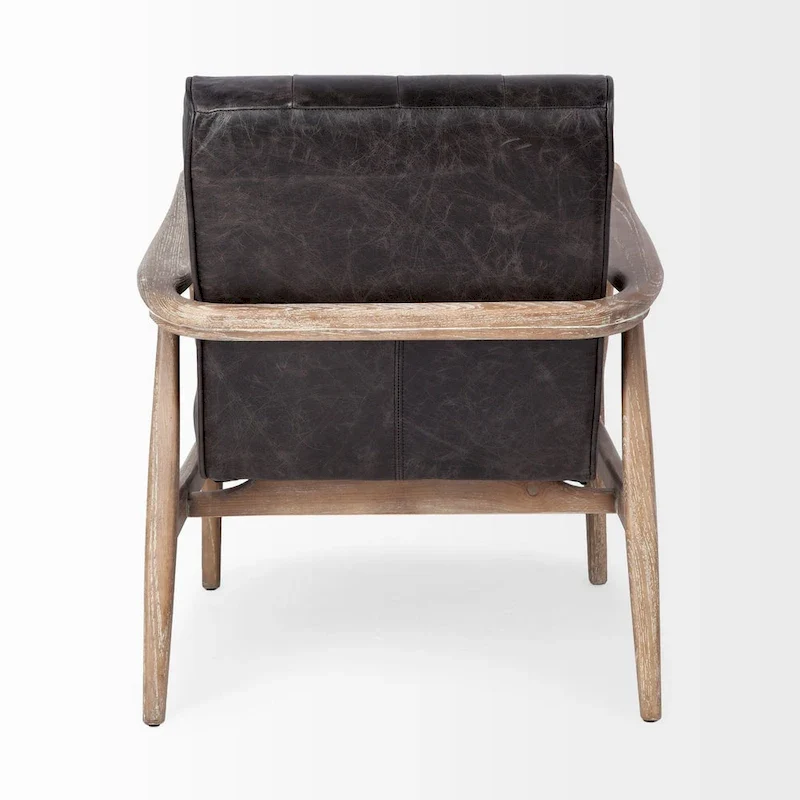 Phineas Black Genuine Leather & Brown Solid Wood Frame Accent Chair