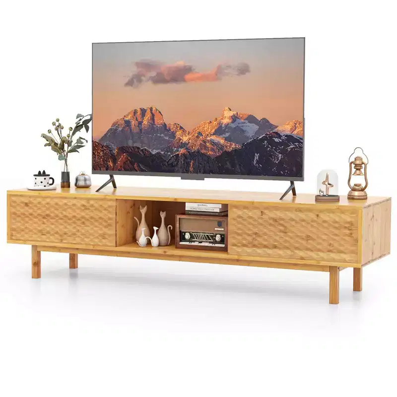 63-inch bamboo TV stand with 3 Storage Cubes Sliding Doors Mid Century Storage Cabinet