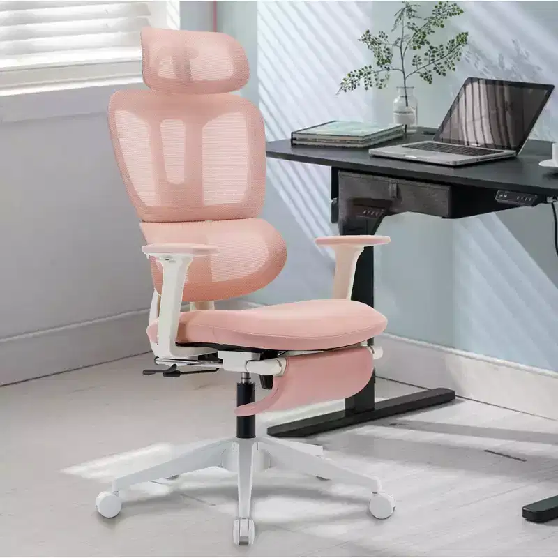 Pink Mesh Office Chair w/ Footrest, Adjustable Arms, Lumbar & Headrest, 360 Silent Wheels