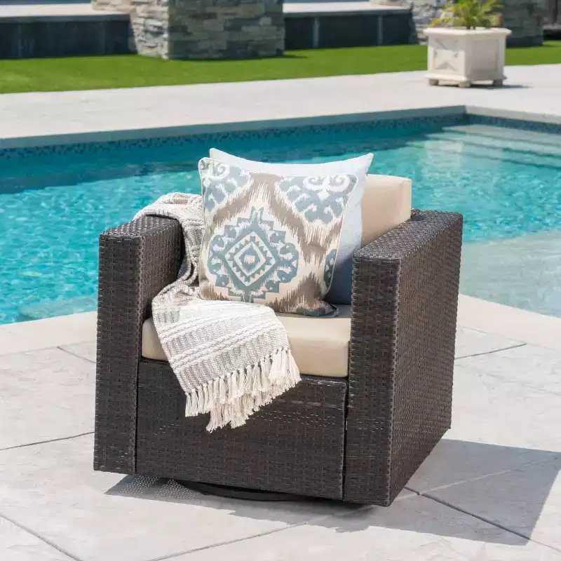 Okak 360 Swivel Patio Accent Chairs,PE Rattan Outdoor Armchairs with Iron Base&Upholstered Back,Patio Furniture Seating,Single,Brown/Beige