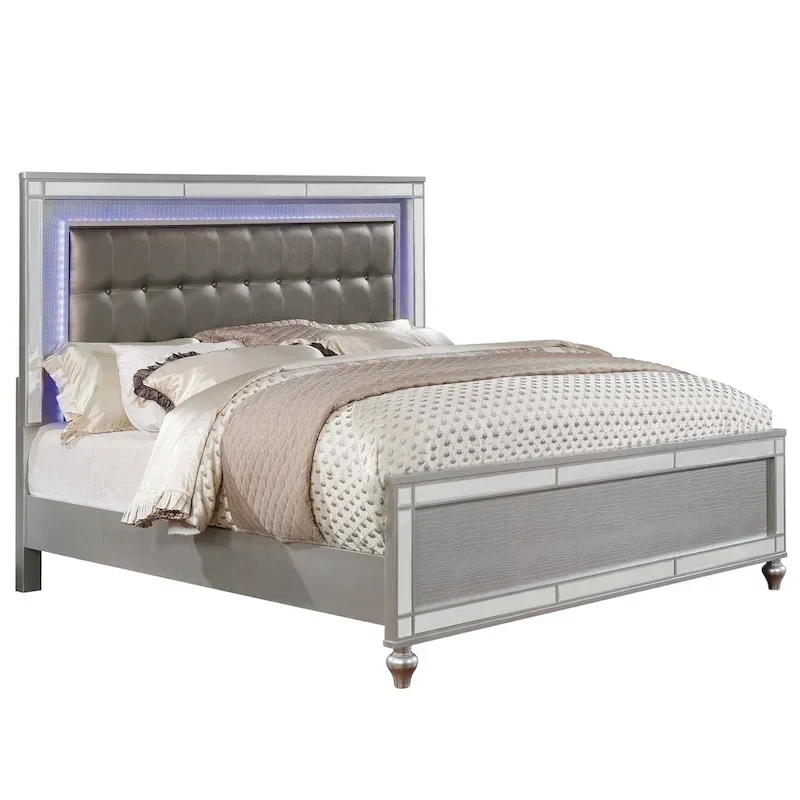 Derc Modern Solid Wood Upholstered Tufted Panel Bed with LED by Furniture of America