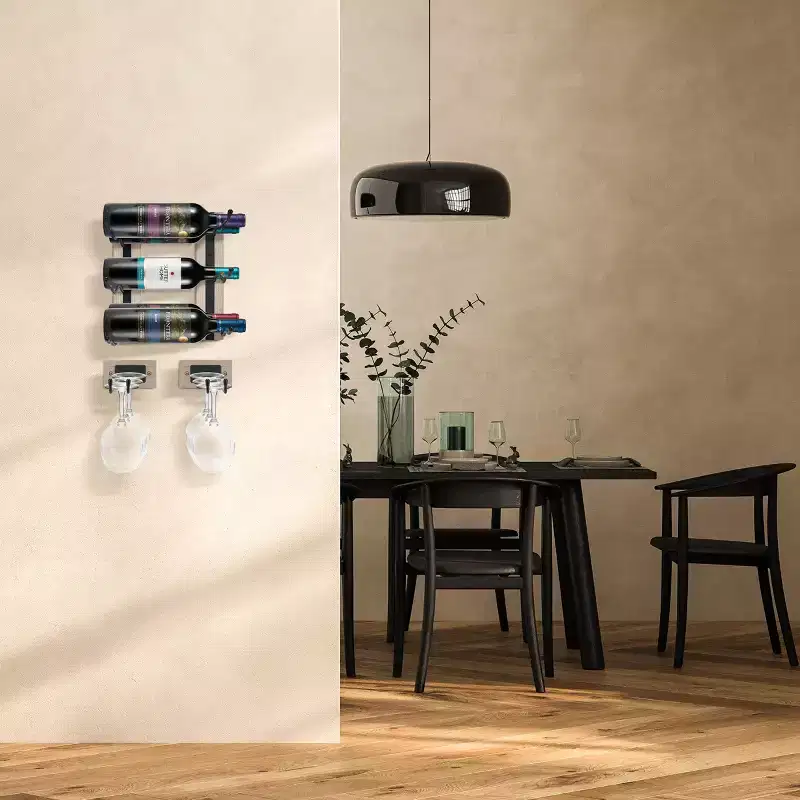 Wall Mounted Wire & Grey Wood Glass Stemware Rack Set - for Wine Glasses, Champagne Glasses, and Drinkware