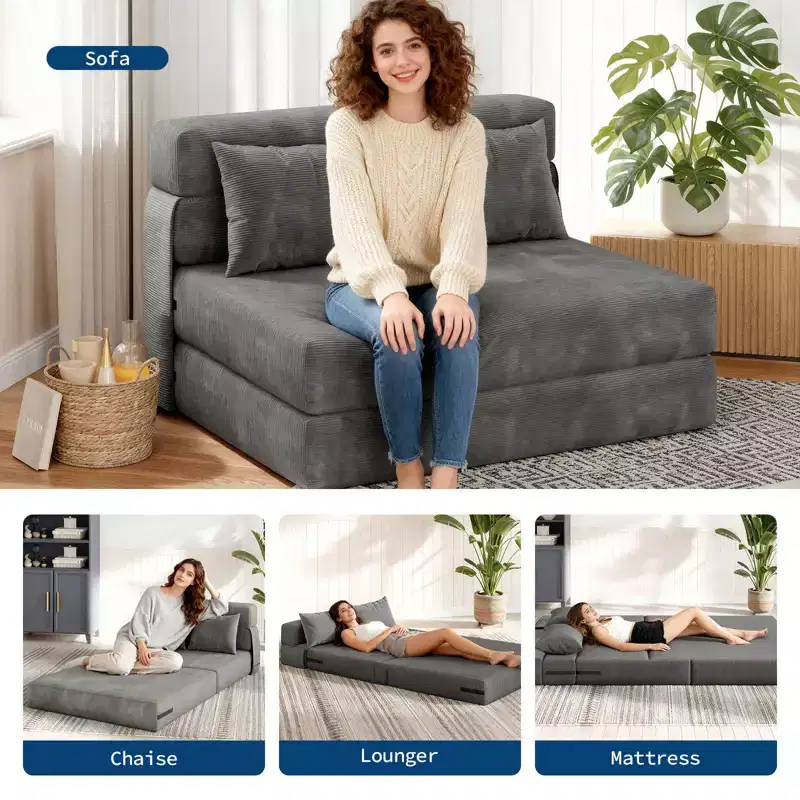 4-in-1 Folding Sofa Bed & Sleeper Chair w/ Pillow, 76 Convertible Fold Out Tufted Loveseat Couch, Floor Lounge Futon for Bedroom & Guest Room