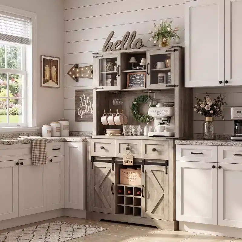 72 Tall Bar Cabinet Farmhouse Bar Station with Sliding Barn Door, Tall Kitchen Buffet with Storage Hutch and 3 Drawer, Rustic Wine Cabinet