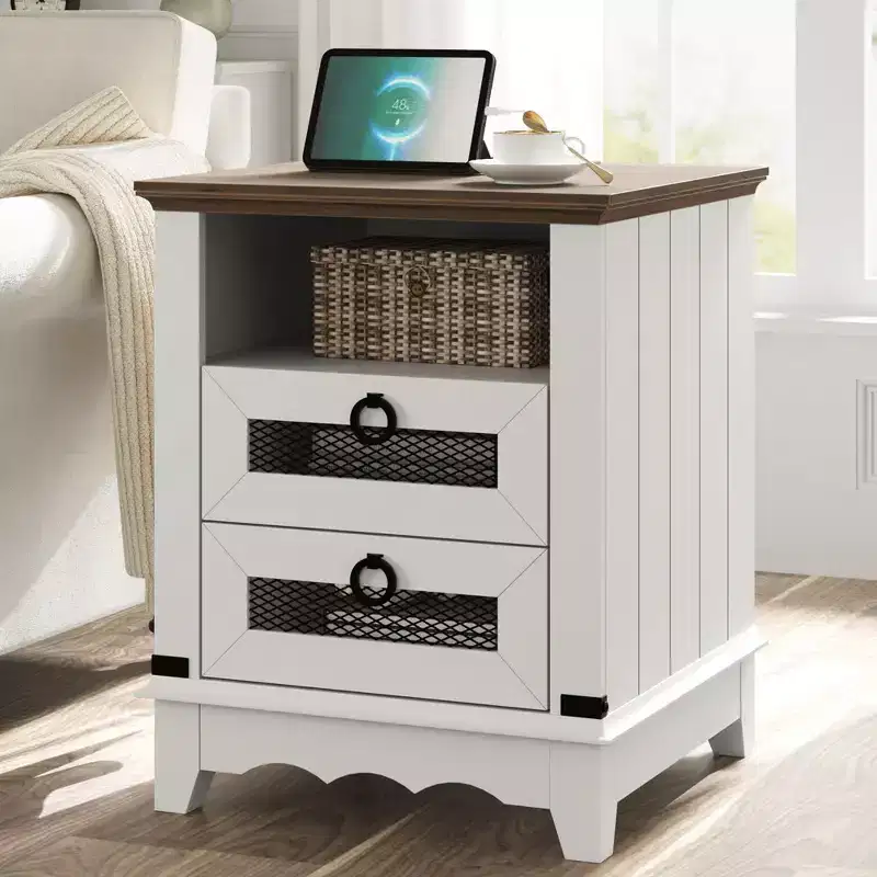 Farmhouse Nightstand 18 inch Side Table with Charging Station Bedside Table with 2 Drawer and 2 USB Ports End Table with Open Cubby