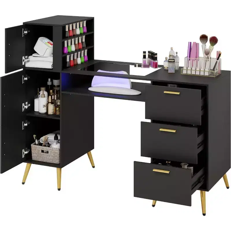 ELECWISH Portable Nail Desk with Drawers, Manicure Table Nail Desk for Nail Teck w/Glass Top and Wrist Rest, Nail Station Desk Metal Handles & Legs