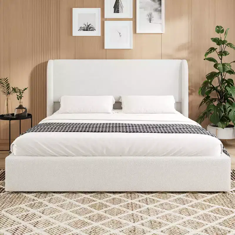 Tracy Boucle Upholstered Wingback Bed Frame with Headboard, Metal Legs and Slats