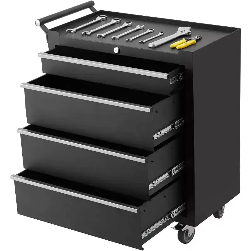 Tool Box, 4-Drawer Rolling Tool Chest Locking System, Lockable Wheels & Sliding Drawers, for Garage Workshop Warehouse Repair Shop (Black)