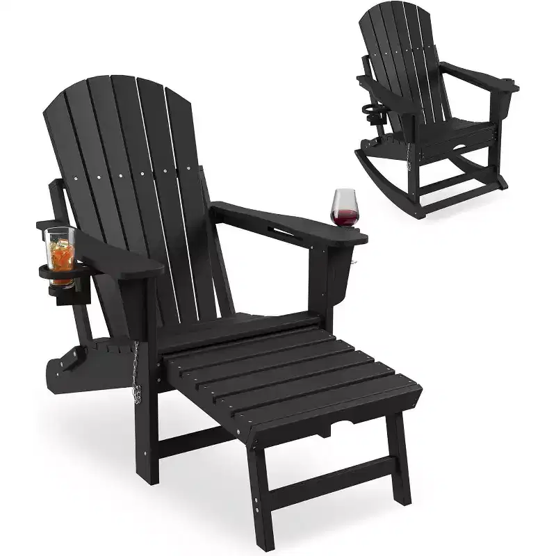 Acekool 4-in-1 Folding Adirondack Rocking Chair with Retractable Ottoman and Dual Cup Holders, HDPE Outdoor Rocker Set