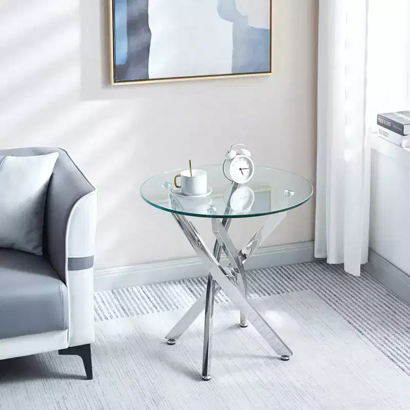 23.6 Inch Round Tempered Glass End Table - Chrome Legs, 4-Point Base, Modern Accent