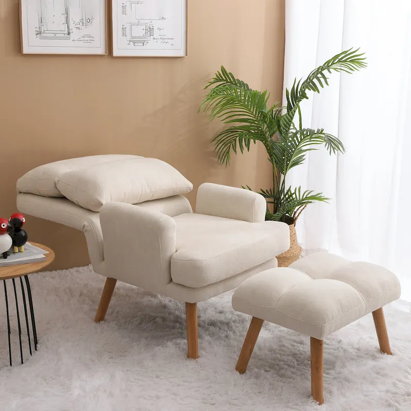 Accent Chair with Ottoman Set, Fabric Armchair with Wood Legs and Adjustable Backrest , Mid Century Modern Comfy Lounge Chair