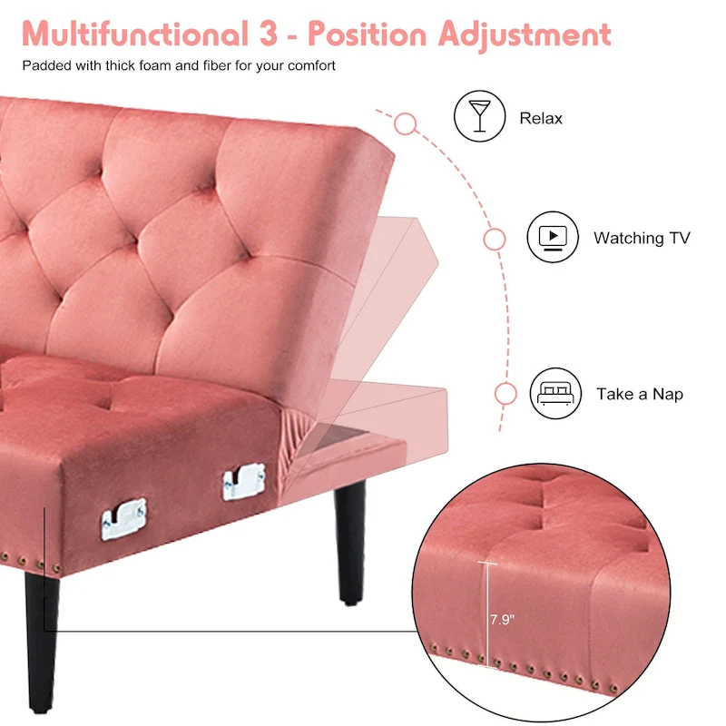 Convertible Velvet Sofa Couch, Sectional Sofa with Ottoman, Mid-Century Futon Sofa Bed - 32D x 100.7W x 29.9H