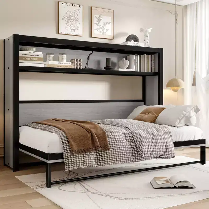 Twin Size Murphy Bed with Shelves, Metal Wall Bed with Foldable Design for Small Space