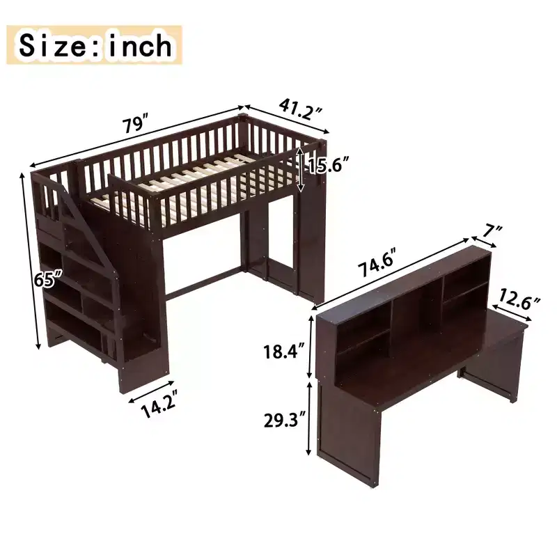 Twin Loft Bed with Movable Desk, Storage Stairs & Shelf, No Box Spring Required
