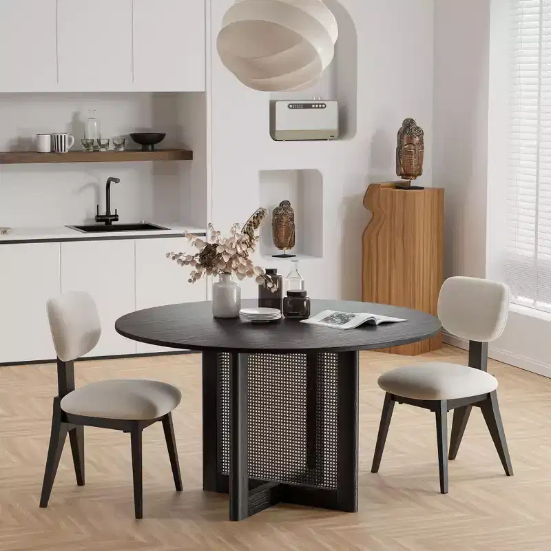 52 x 52 Farmhouse Kitchen Dining Room Table Furniture Round Black Kitchen Table with Rattan Woven Legs for Kitchen Bar Living Room