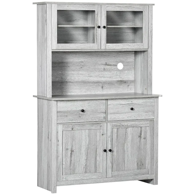 Kitchen Buffet with Hutch, Pantry Storage Cabinet with 4 Shelves, Drawers, Framed Glass Doors, Open Microwave Countertop