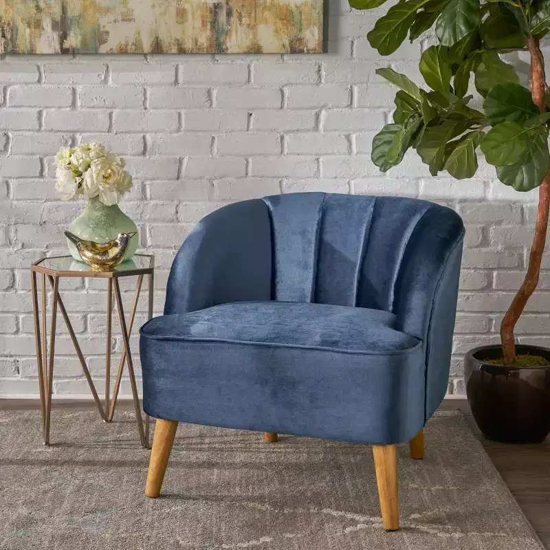 Mid-Century Modern Rubberwood Velvet Upholstered Accent Chair