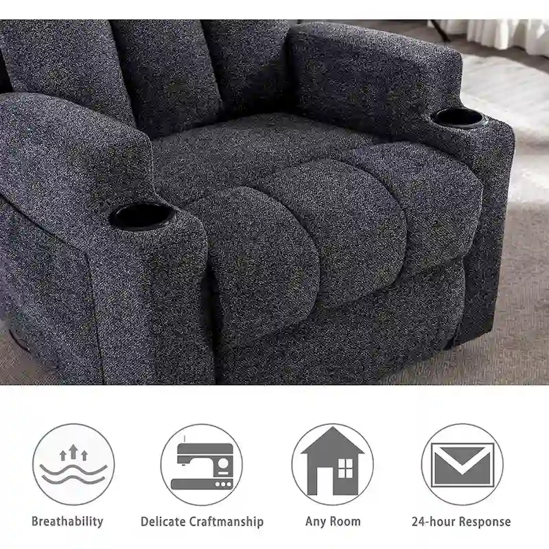 Manual Recliner Massage and Heating Chair Sofa with 2 Cup Holders Breathable Fabric