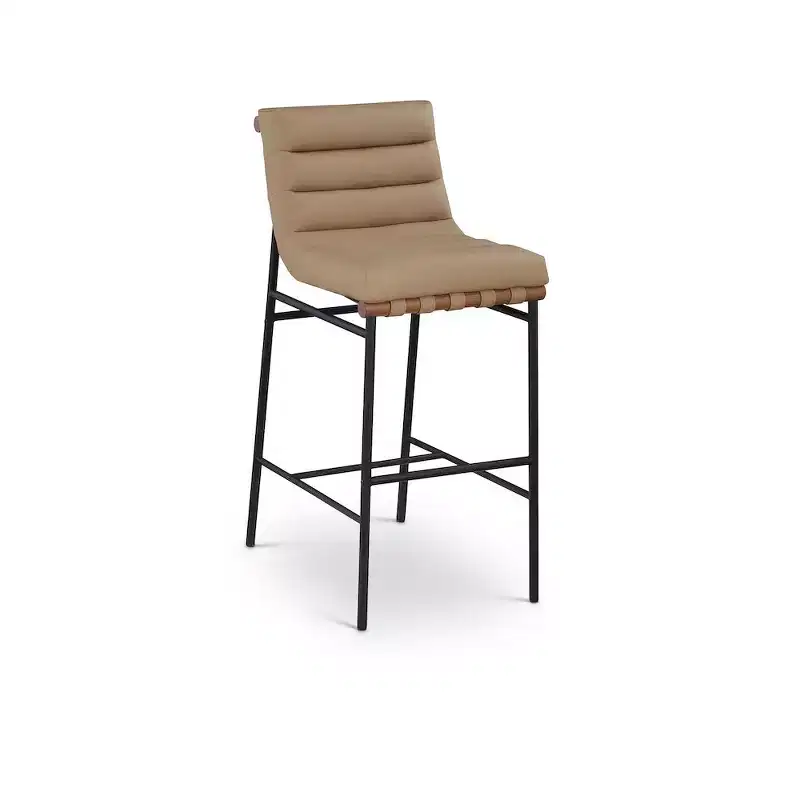 Tan Vegan Leather Bar Stool, Matte Black Metal Frame, Walnut Wood Dowel, Bar Height