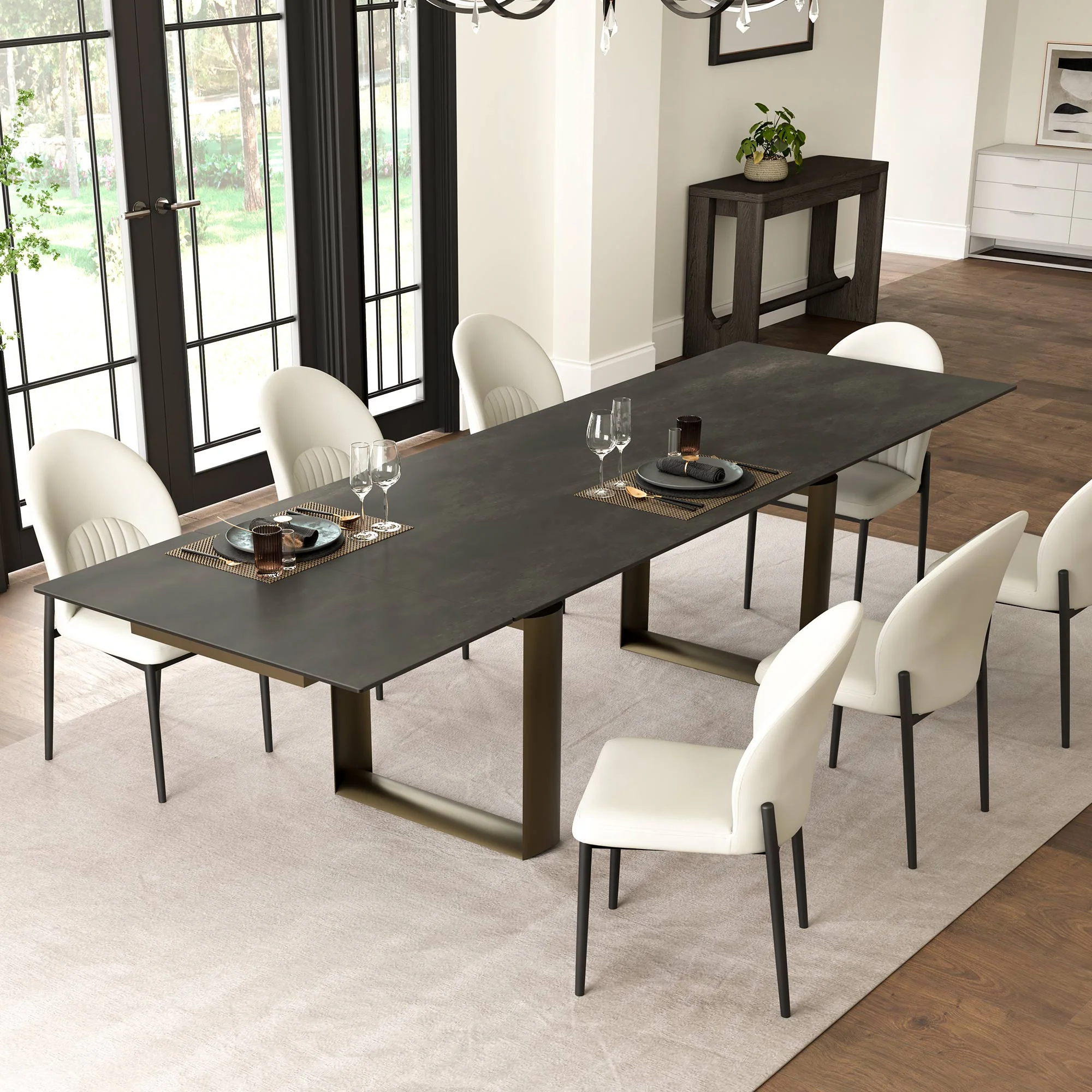 Round Marble-Top Dining Table, White and Gold