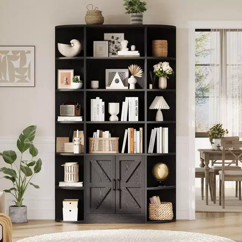 75in Tall Bookcase, 6 Tier Wooden Book Shelf 47 Wide Farmhouse Display Bookshelf Storage Cabinet with Doors and Open Shelves for Living Room Bedroom