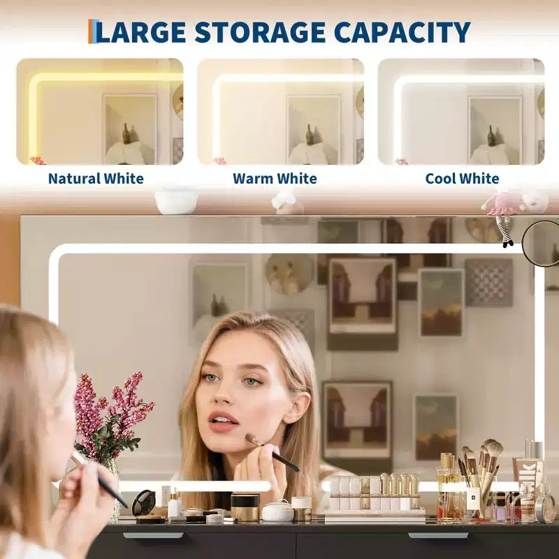 Makeup Vanity Desk with LED Light Mirror Power Outlet and 10 Drawers, Dressing Table Set with Stool 3 Lighting Modes for Bedroom