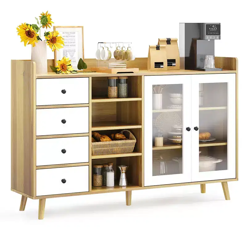Modern 55 Buffet Cabinet with Coffee Bar, Adjustable Shelves & Tempered Glass Doors, Dining Room Sideboard with Storage Drawers