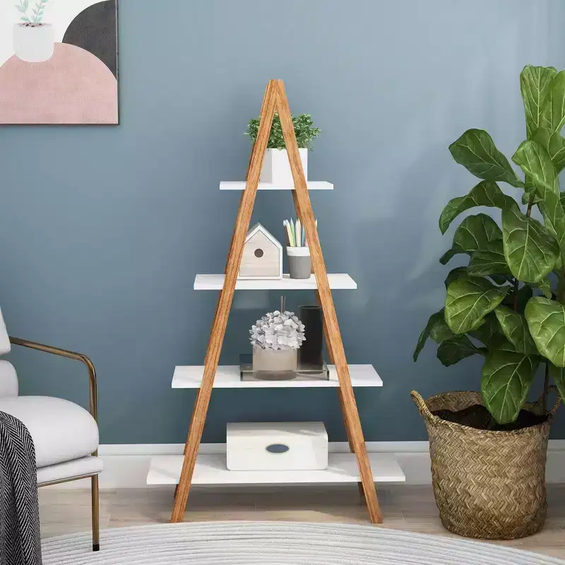 A-Frame Ladder Display Bookshelf, Solid Bamboo Wood, Home Use