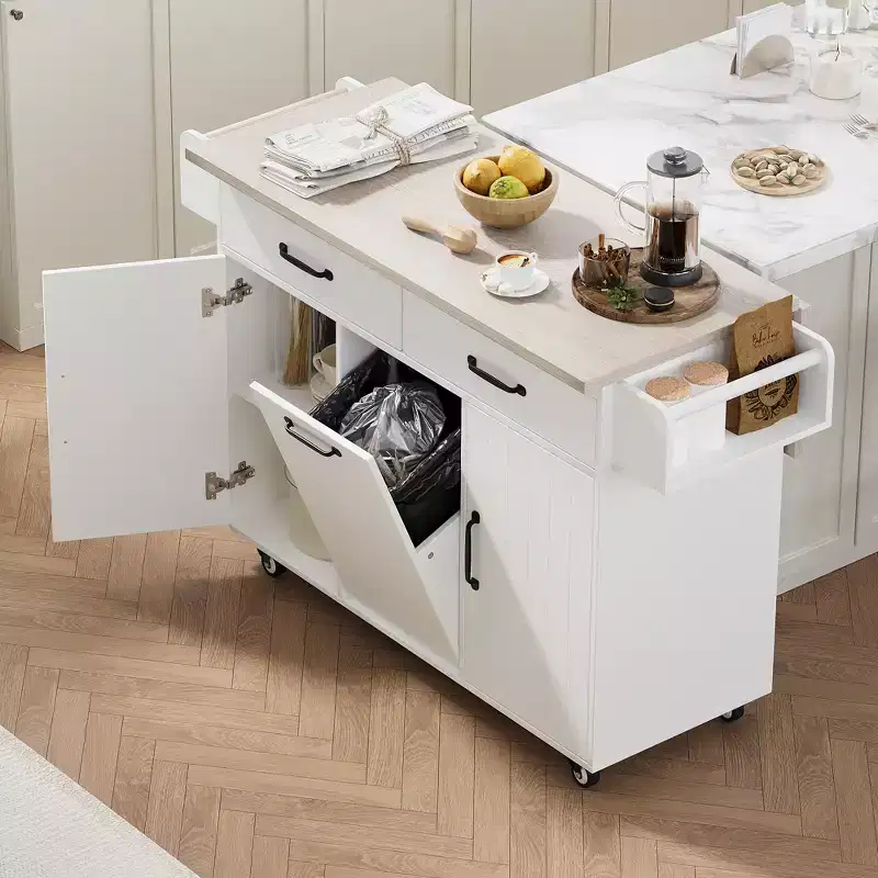 Kitchen Island with Trash Can Storage, Drop Leaf, Spice Rack, Adjustable Shelf, Rolling Kitchen Cart