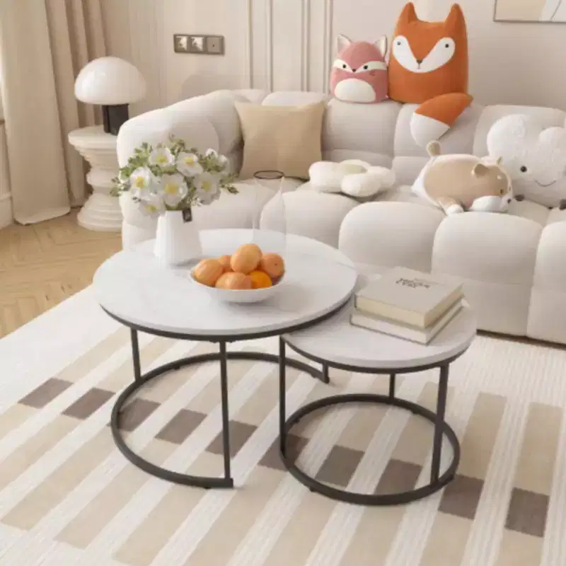 Nesting Coffee Table Set of 2, 27.6 Round Wood Marble Pattern Top, Sturdy Metal Frame, Modern Side End Tables for Home Office - White