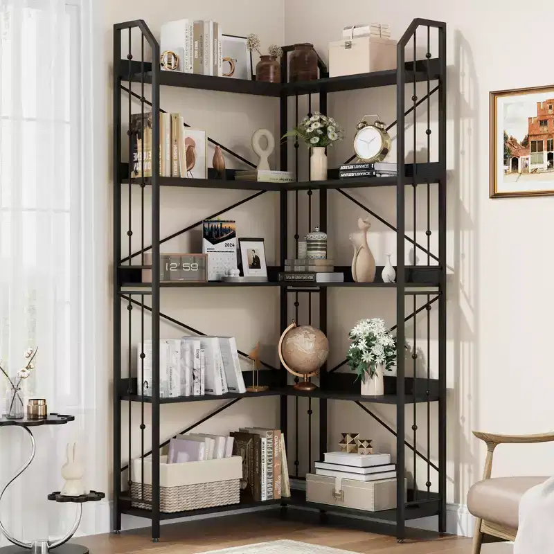 Garvee Corner Bookshelf Industrial Corner Bookcase, l Shaped Bookshelf 5 Tier/7 Tier Corner Shelf with Beaded Design and Adjustable Feet