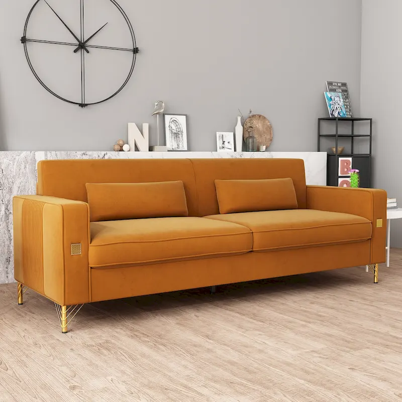 Luxury Velvet Sofa with Gold Accents, 3-Seat Plush Couch for Living Room & Office