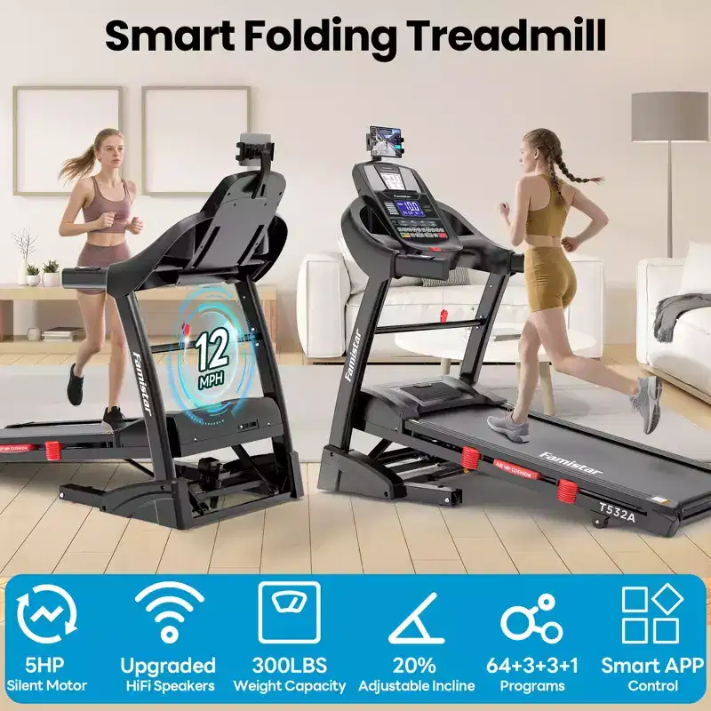 20% Auto Incline Treadmill 5.1HP for Home,Foldable Treadmill w/ 300LB Capacity,Dual HiFi Speaker,App Control w/ Virtual Running, 71 Programs Treadmill