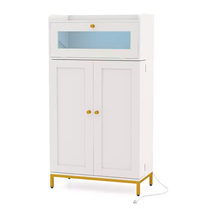 Kitchen Pantry Cabinet Power Outlet & APP Control LED Lights Acrylic Flip Door
