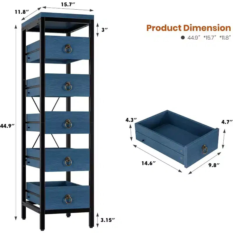 Kitchen Fruit Vegetable Storage Rack, 5-Tier Narrow Snack Fruit Display Stand with 5 Pull-Out Drawers Basket, for Home Office