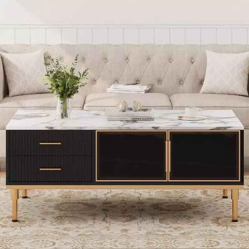 Large Coffee Table, Faux Marble Top, 4 Drawers & Glass Doors, Fluted Panel, White & Gold
