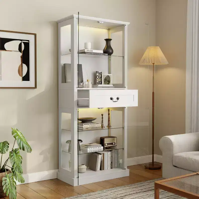 Freestanding Glass Display Bookcase, 7-Color RGB Lighting, Clear Glass Doors & Shelves, Tall Storage Cabinet with Drawer