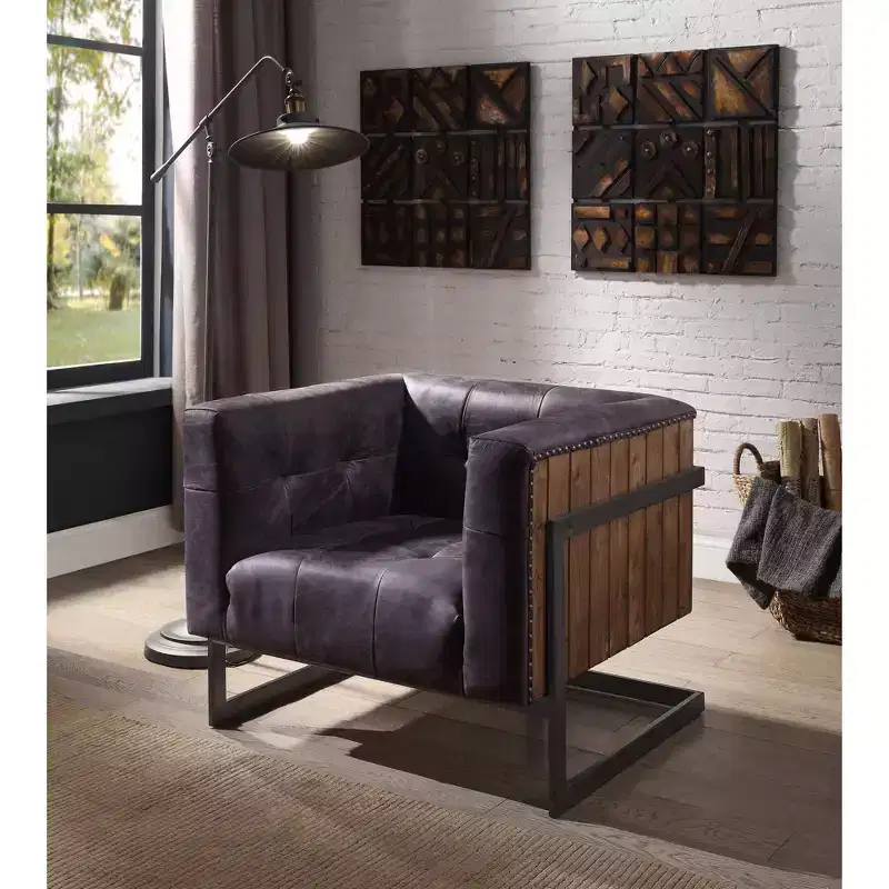 31" Accent Chair Antique Black Top Grain Leather/Rustic Oak -Furniture: No Assembly, Metal Frame, Spot Clean