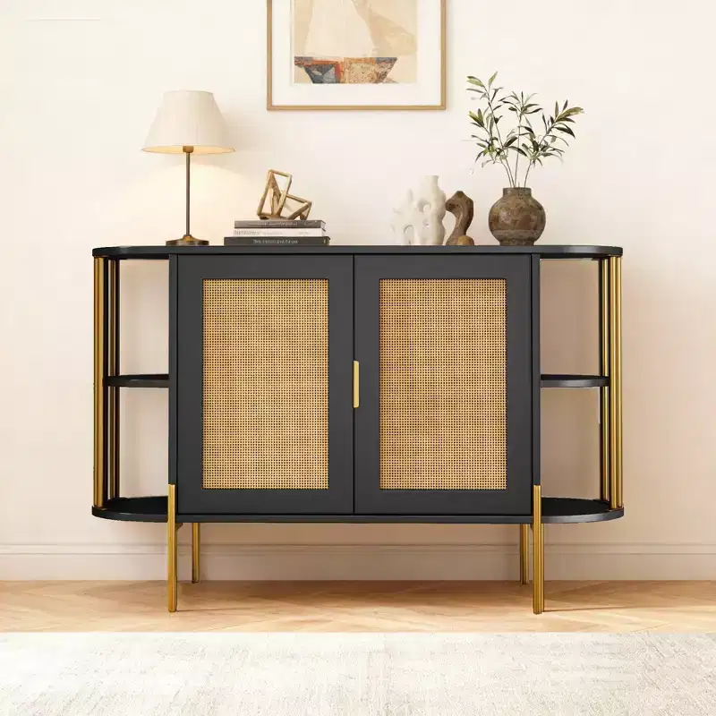 Hostack 2-Door Curved Sideboard Cabinet with Gold Trim and Woven Door Buffet Storage for Dining&Living Room, Black