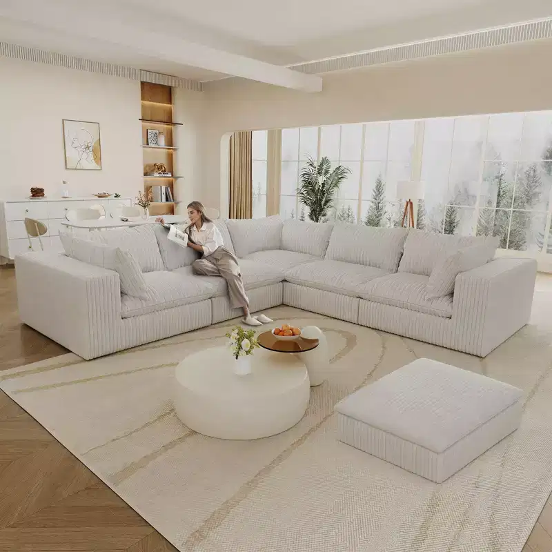 118.2 White Corduroy Fabric DIY Combination Cloud Sofa Deep Seat Couches Double-layer design Removable Cushion No Assembly