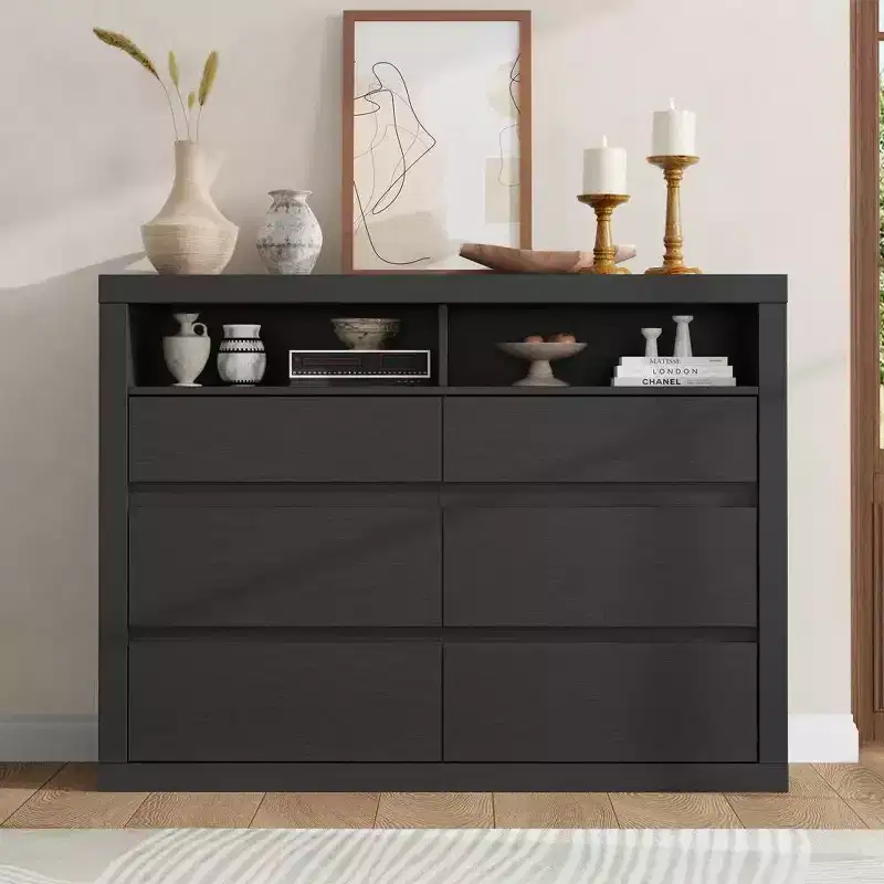 47 Modern 6-Drawer Dresser with 2 Open Shelves, Mid-Century Wood Chest for Bedroom, Living Room TV Stand